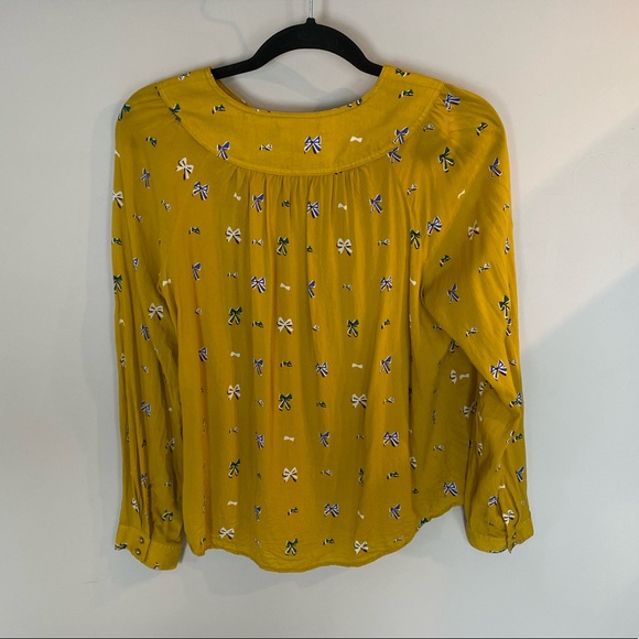 Anthropologie Mustard Yellow Bow Print Button Top - Picture 2 of 9